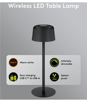 Bezvadu LED galda lampa, 2 W, 150 lm, 3000 K, 25 cm, melna

 AASV20J+1.jpg