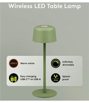 Bezvadu LED galda lampa, 2 W, 150 lm, 3000 K, 25 cm, zaļa

 AASV20Z+1.jpg