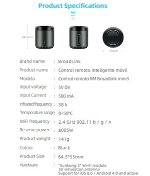 Viedā mājas WIFI universālais viedais IR tālvadības pults Broadlink RM Mini 3 Black Bean

 ABESP10+1.jpg