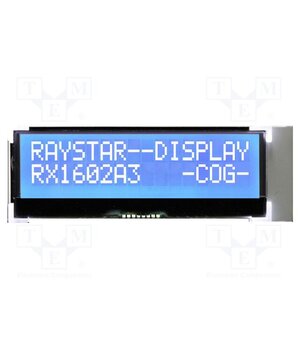 RX1602A3-BIW-TS Display: LCD; alphanumeric; COG,STN Negative; 16x2; blue; LED; 1x8 8iSeHzhwAm-YmTtUQZyjaiiBBwXeSqIZpsSKPzHFr7k