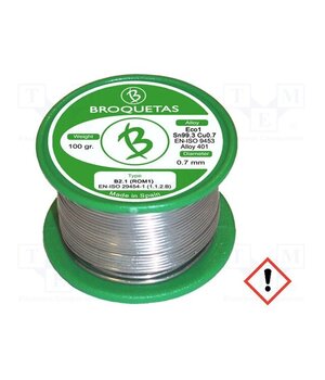 ECO1 B2.1 0,7MM 100G Tin; lead free; Sn99,3Cu0,7; 0.7mm; 0.1kg; reel; 220°C; Flux: SW26 RDwH4xN7JHFgQx4hsg490ZaLr966hfyXRcIDi8zSatQ