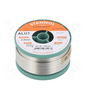 478103 Tin; lead free; Sn99,3Cu0,7; 2mm; 250g; reel; 3.5%; Flux: SW26; ALU1 rL-DsSlDdZWp6pa5K09PN7qFB11Z07NgCc0dFmZYKw4