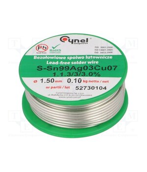 SN99CU07AG03-1.1.3/1.5MM 100G Tin; lead free; Sn99Ag0,3Cu0,7; 1.5mm; 100g; reel; 216÷227°C; 3% lSQoJPzlyo5eAF3Ln401v6a0JSeBMmZq3vJNsEMD1vM