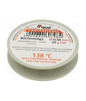 BI57SN42AG1-B/T Ø 0.50 25 G Tin; lead free; Bi57Sn42Ag1; 0.5mm; 25g; reel; Flux: flux free 242SQnRqFlxcmYoG0gVw2to1mD07yTEkIfcFVL1lDM4