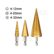 Step Cone Drill Bit Hex Shank 3pcs (4-12mm, 4-20mm, 4-32mm) with aluminium box IRGP04K.jpg