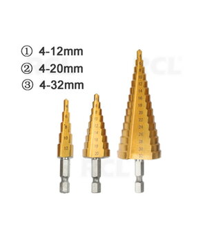 Step Cone Drill Bit Hex Shank 3pcs (4-12mm, 4-20mm, 4-32mm) with aluminium box IRGP04K.jpg